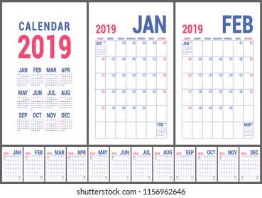 2019 calendar. English calender. Color vector template. Week starts on Sunday. Business planning. New year planner. Design