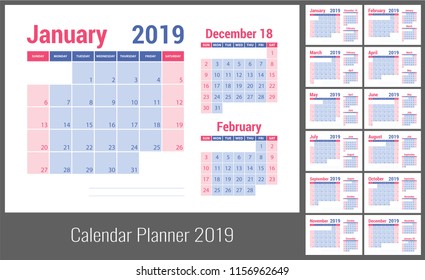 2019 calendar. English calender. Color vector template. Week starts on Sunday. Business planning. New year planner. Design