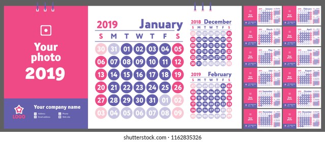 2019 calendar. English calender. Color vector template. Week starts on Sunday. Business planning. New year planner. Design