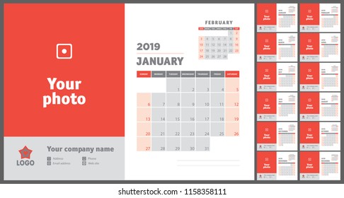 2019 calendar. English calender. Vector template. Week starts on Sunday. Business planning. New year planner. Simple design