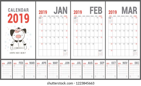 2019 calendar. English calender. Yellow color vector template. Week starts on Sunday. Business planning. New year planner. Clean minimal table. Simple design