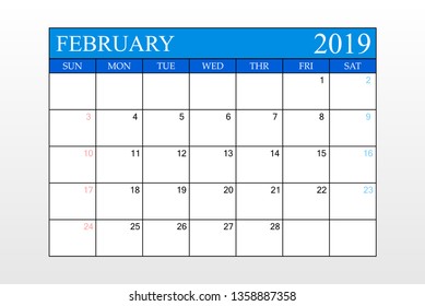 2019 Calendar, February, Blue Theme, Schedule Planner, organizer, weeks start from Sunday, Vector Illustration