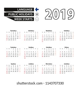 2019 calendar in Finnish language, week starts from Sunday. Vector Illustration.