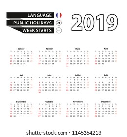 2019 calendar in French language, week starts from Sunday. Vector Illustration.