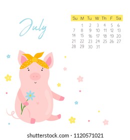 2019 calendar with funny pig. Monthly page. Character design