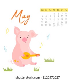 2019 calendar with funny pig. Monthly page. Character design