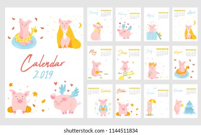 2019 calendar with funny pig. Monthly pages. Character design. editable template