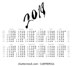 2019. Calendar Grid Black On White.