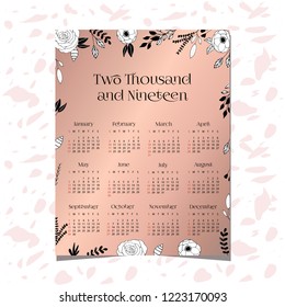 2019 calendar with hand drawn floral and rose gold background