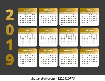 2019 Calendar. Happy new Year Print gold and black style Template. Week Starts Sunday. Vector illustration