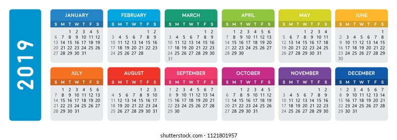 2019 calendar. Horizontal calendar template on isolated white background. Editable vector file available. English and sunday to monday version.