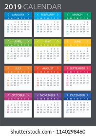 2019 Calendar - illustration. Template. Mock up. Week starts Sunday