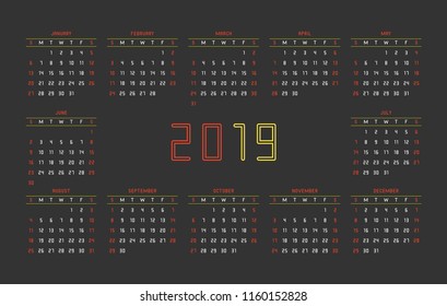 2019 Calendar. Isolated on Black background
