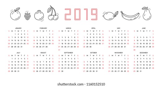 2019 Calendar. Isolated on White background
