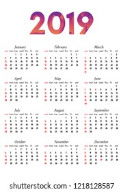 2019 Calendar isolated on a white background. Sunday to Monday. Vector illustration
