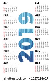 2019 Calendar isolated on a white background. Sunday to Monday. Vector illustration
