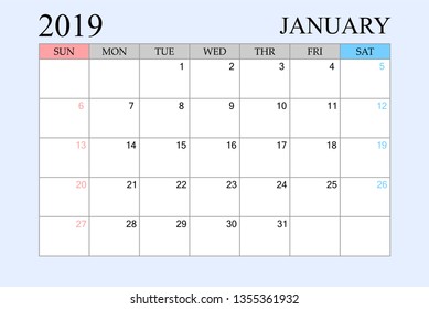 2019 Calendar, January, Schedule Planner, organizer, weeks start from Sunday, Vector Illustration
