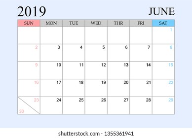 2019 Calendar, June, Schedule Planner, organizer, weeks start from Sunday, Vector Illustration
