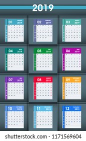 2019 Calendar Leaves. Flat design. Isolated on dark grey background. Calendar design template. Week starts on Sunday. Business vector illustration.
