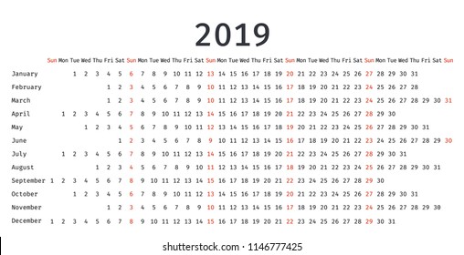 2019 Calendar linear design. Vector graphics. Stationery template in simple style with months. Portrait Orientation. Yearly calendar organizer. 