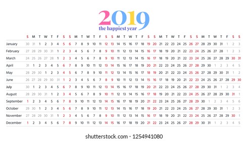 2019 calendar linear design. Vector. Stationery template 2019 year in simple style with months. Yearly calendar organizer, english. Portrait horizontal orientation. Isolated illustration.
