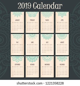 2019 calendar with lovely mandala header for each month