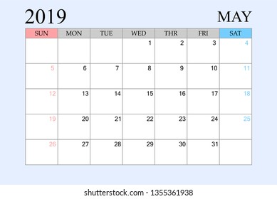 2019 Calendar, May, Schedule Planner, organizer, weeks start from Sunday, Vector Illustration