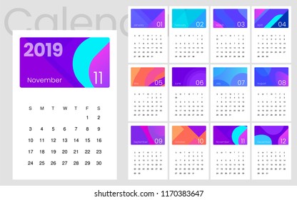 2019 Calendar Minimal Gradient template. Simple Colorful minimal elegant desk calendar