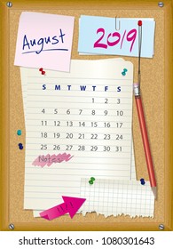 2019 calendar - month August - cork board with notes - week starts on Sunday