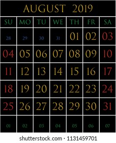 2019 Calendar for the month of August on black background rectangles bordered with white
