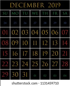 2019 Calendar for the month of December on black background rectangles bordered with white