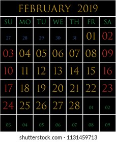 2019 Calendar for the month of February on black background rectangles bordered with white