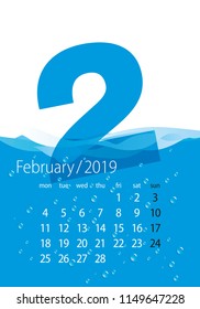 2019 Calendar month February water blue background