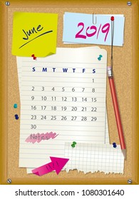 2019 calendar - month June - cork board with notes - week starts on Sunday