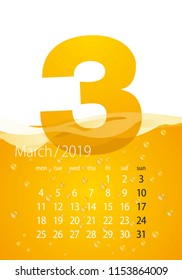 2019 Calendar month March beer orange background