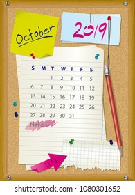 2019 calendar - month October - cork board with notes - week starts on Sunday