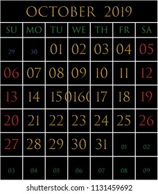 2019 Calendar for the month of October on black background rectangles bordered with white