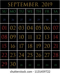 2019 Calendar for the month of September on black background rectangles bordered with white