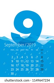 2019 Calendar month September water blue background