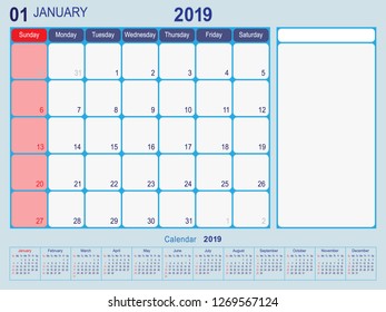 2019 Calendar Monthly Planner Design, January 2019 year vector calendar design