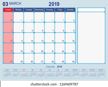 2019 Calendar Monthly Planner Design, March 2019 year vector calendar design