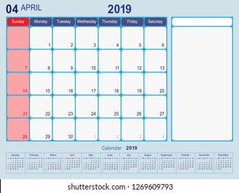 2019 Calendar Monthly Planner Design, April 2019 year vector calendar design