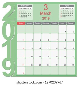 2019 Calendar Monthly Planner Design, March 2019 year vector calendar design