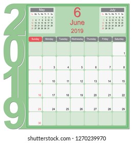 2019 Calendar Monthly Planner Design, Jun 2019 year vector calendar design