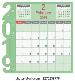 2019 Calendar Monthly Planner Design, February 2019 year vector calendar design
