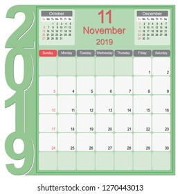 2019 Calendar Monthly Planner Design, November 2019 year vector calendar design