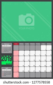 2019 Calendar Monthly Planner Design with Place of Photo, March 2019 year vector calendar design