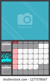 2019 Calendar Monthly Planner Design with Place of Photo, February 2019 year vector calendar design