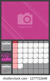 2019 Calendar Monthly Planner Design with Place of Photo, September 2019 year vector calendar design