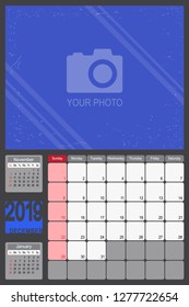 2019 Calendar Monthly Planner Design with Place of Photo, December 2019 year vector calendar design